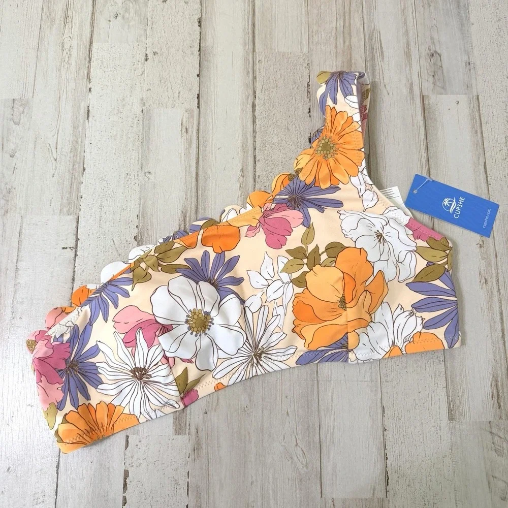 Cupshe One Shoulder Swim Bikini Top L Scallop Edge Floral Summer Pool‎ NEW